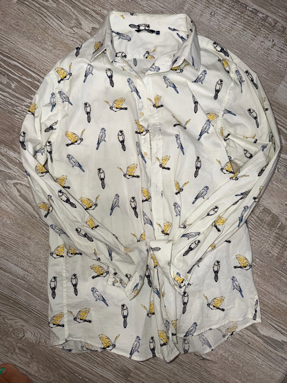 Men's White Button-Down Shirt with Yellow & Blue Bird Print